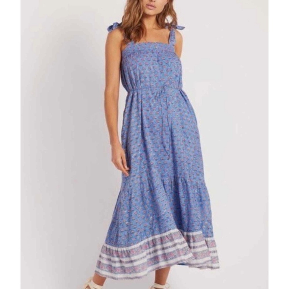 Cleobella India Dress M Lotus Blue Cotton Midi Tie Strap Cottagecore
